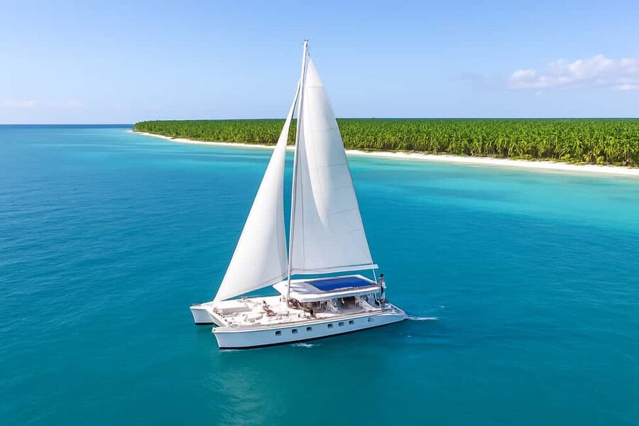Saona Exclusive Catamaran – Small Group Experience - What the boat feels like: shaded deck, fixed bar, and restrooms